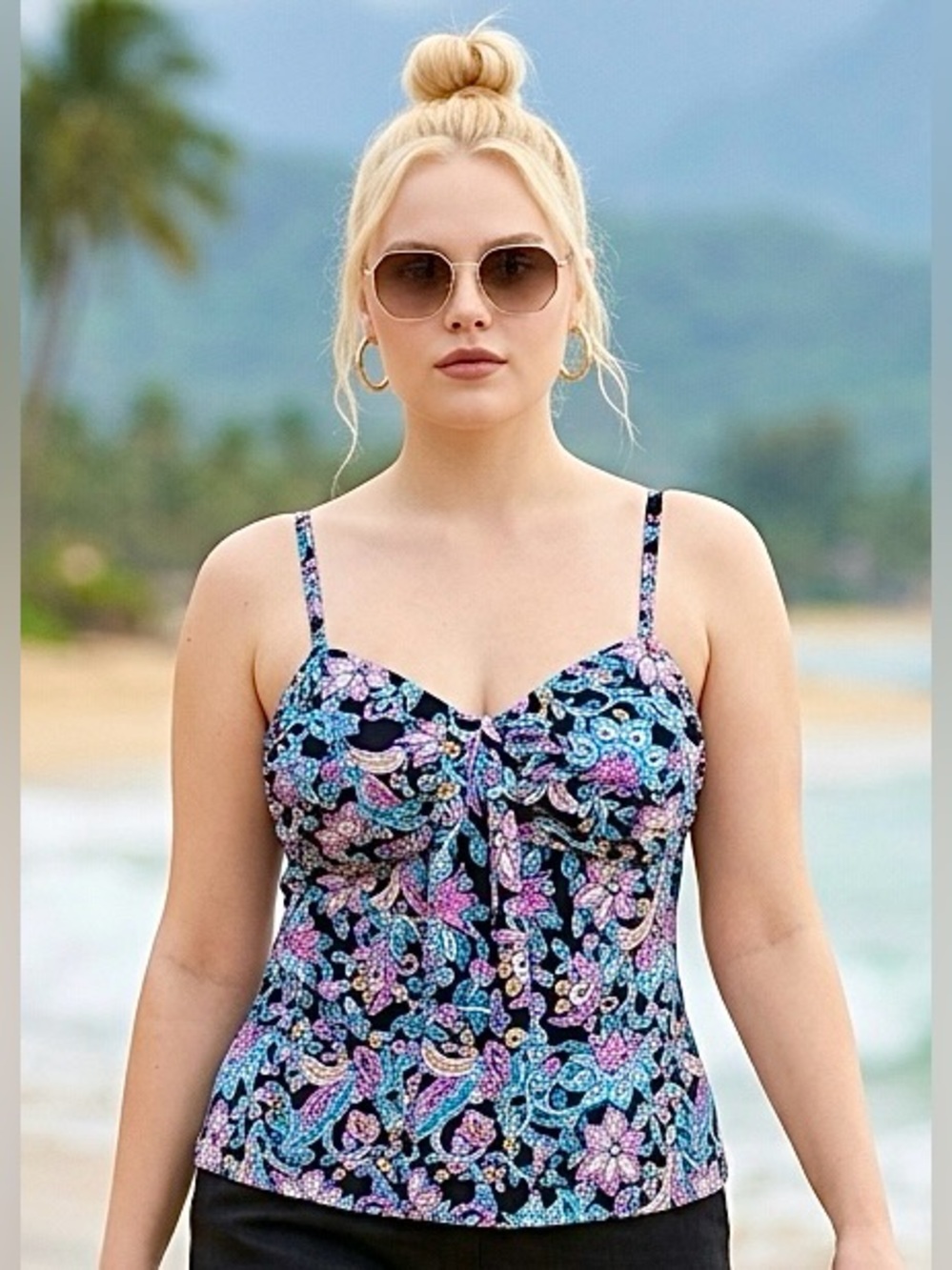 A Shore Fit! Ladies Black Multicolor Floral Print Tankini Top Size 16 NWT